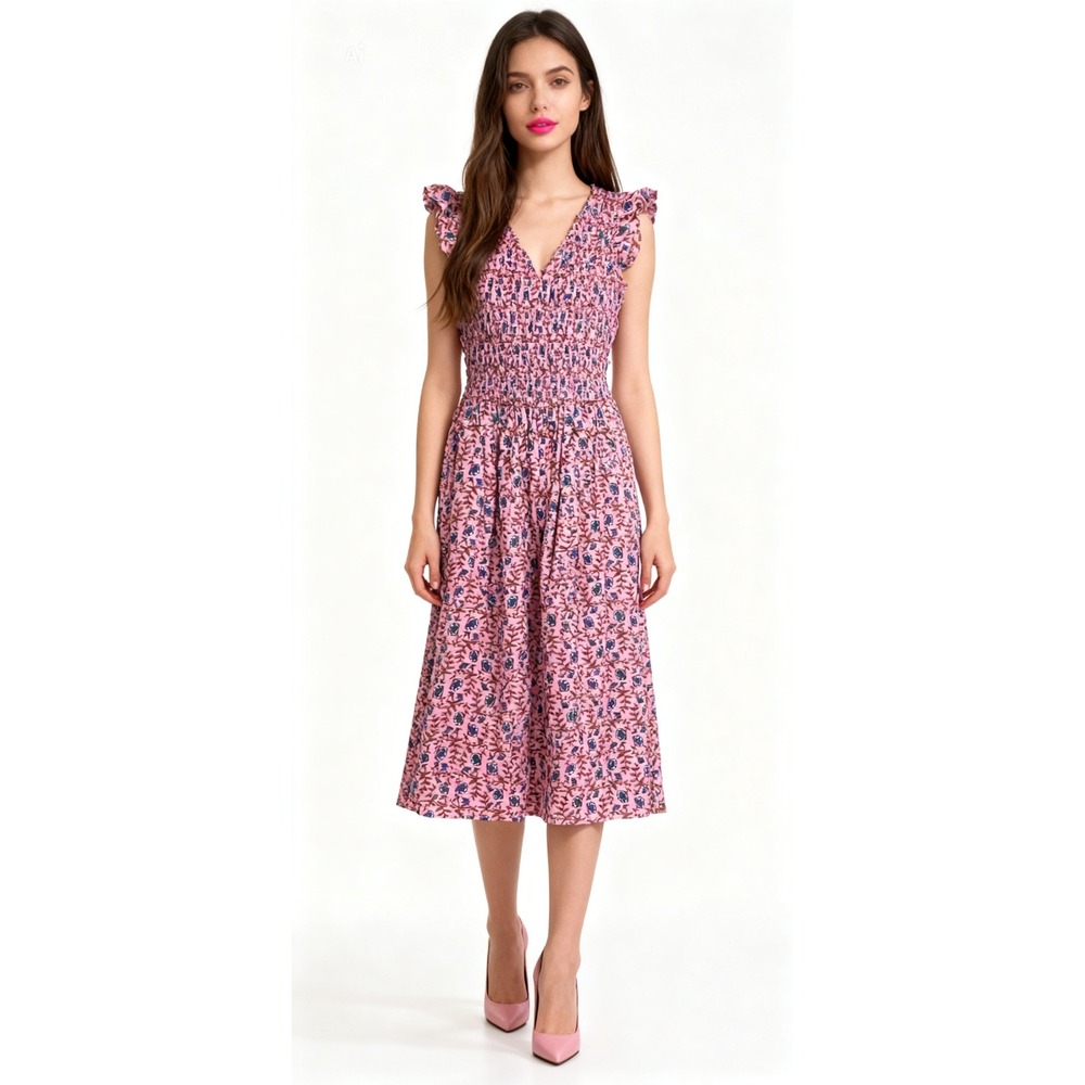 J.CREW size XXS Floral Smocked Ruffle Midi Dress V-neck Flutter sleeve 2XS